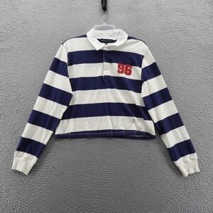 The Vinyl Icons Cropped Rugby Shirt Large Blue White Striped Long Sleeve "96"‎